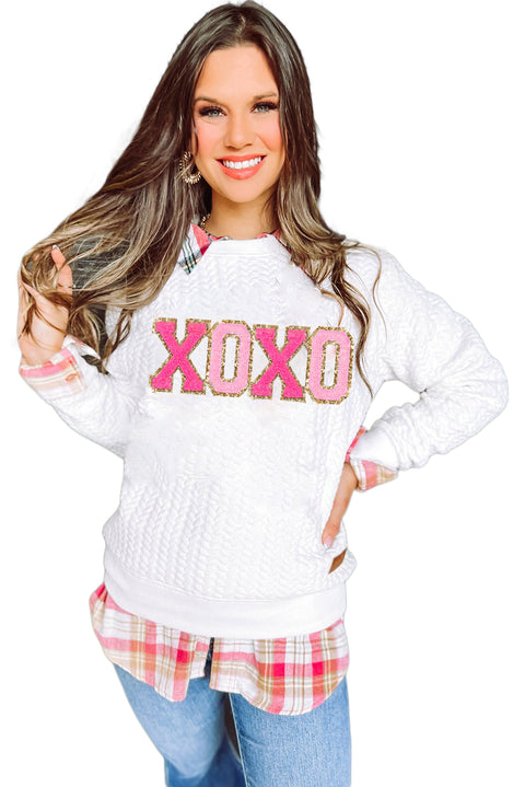 White XOXO Glitter Chenille Cable Knit Pullover Sweatshirt