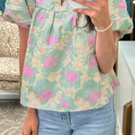 Green Short Bubble Sleeve Summer Floral Blouse