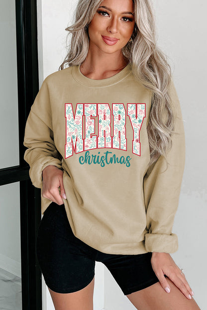 Sweat-shirt graphique imprimé « MERRY Christmas » avec éléments festifs en parchemin