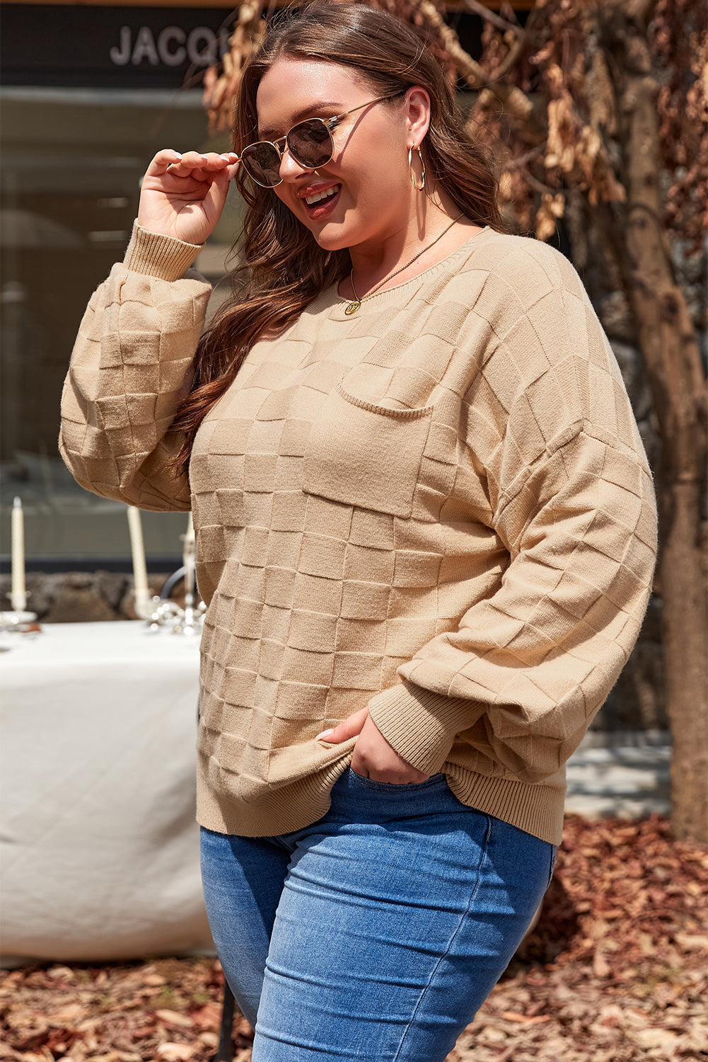 Pull en tricot texturé à carreaux uni beige clair grande taille