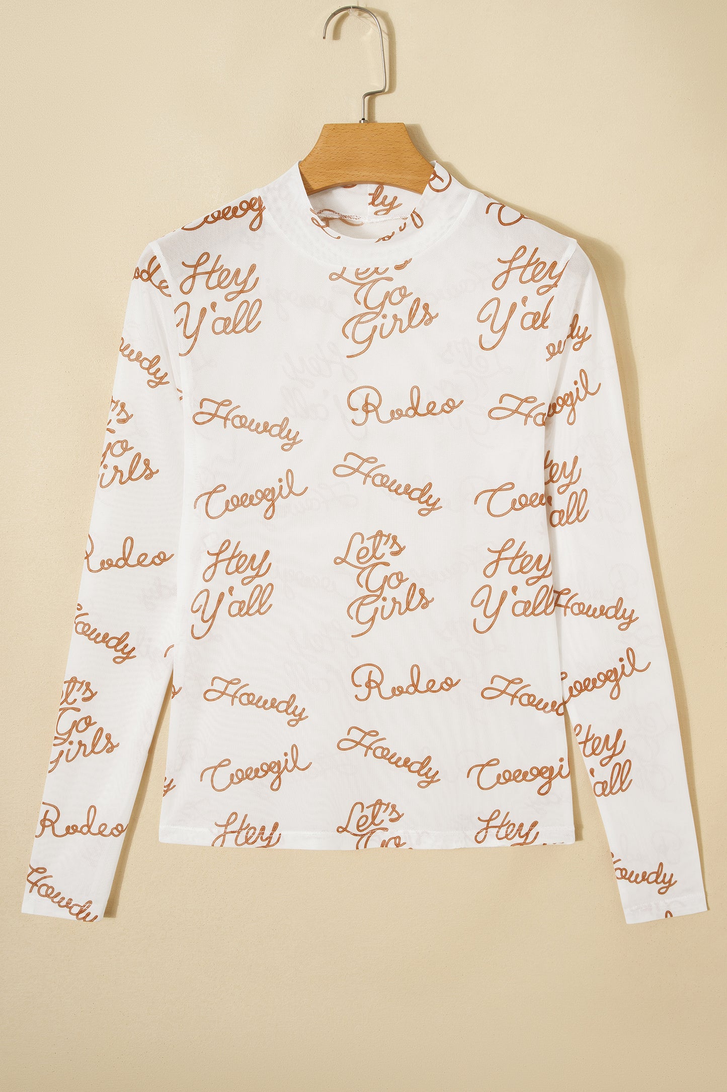 White Howdy Hey Yall Mesh High Neck Long Sleeve Top