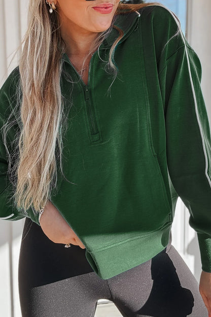Sea Green High Neck Zip-Up Loose Fit Long Sleeve Sweatshirt