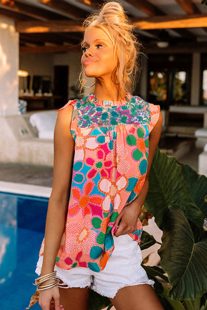 Multicolor Plus Size Floral Embroidered Flutter Sleeve Tank Top