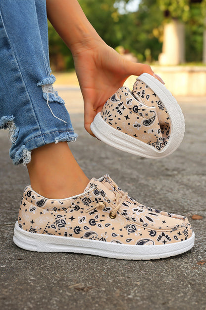 Khaki Boho Floral Print Lace-up Detail Canvas Flat Shoes