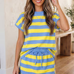 Yellow Stripe Dolman Tee Drawstring Skort Athletic 2pcs Set