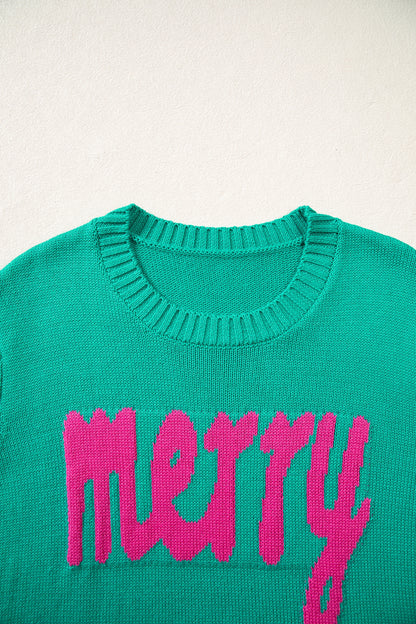 Bright Green Merry Print Ribbed Trim Round Neck Loose Fit Sweater