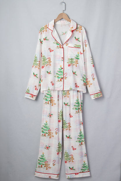 Pink Plaid Snowflake Christmas Gingerbread Man Print Long 2pcs Lounge Set