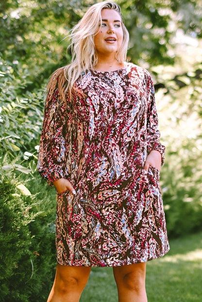Blackish Plant Print Balloon Sleeve Curvy Dress