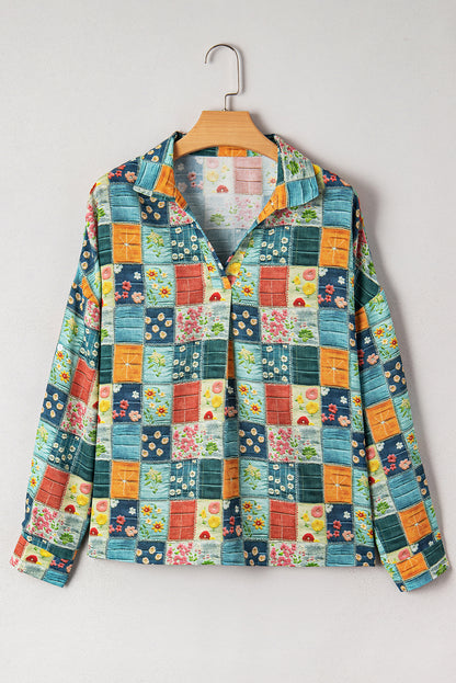 Sky Blue Floral Collared V Neck Roll up Sleeve Shift Blouse