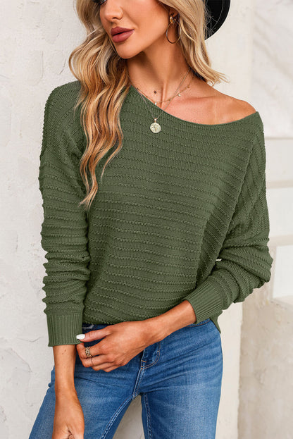 Pull vert texturé à col rond et manches dolman