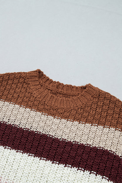 Multicolour Striped Knit Dropped Shoulder Round Neck Pullover Sweater