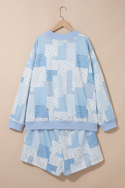 Sky Blue Patchwork Floral Print Stand Neck Long Sleeve Two-piece Outfit Plus Size Set