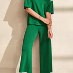Blackish Green Contrast Trim Half Sleeve Top Drawstring Pants Loose 2pcs Sweater Suit