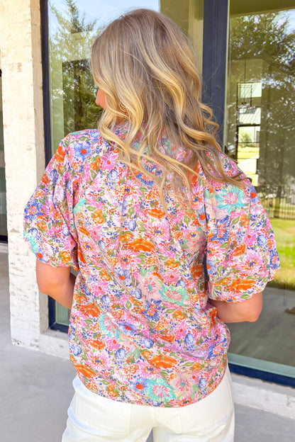 Pink Floral Print V Neck Short Sleeve Shift Blouse