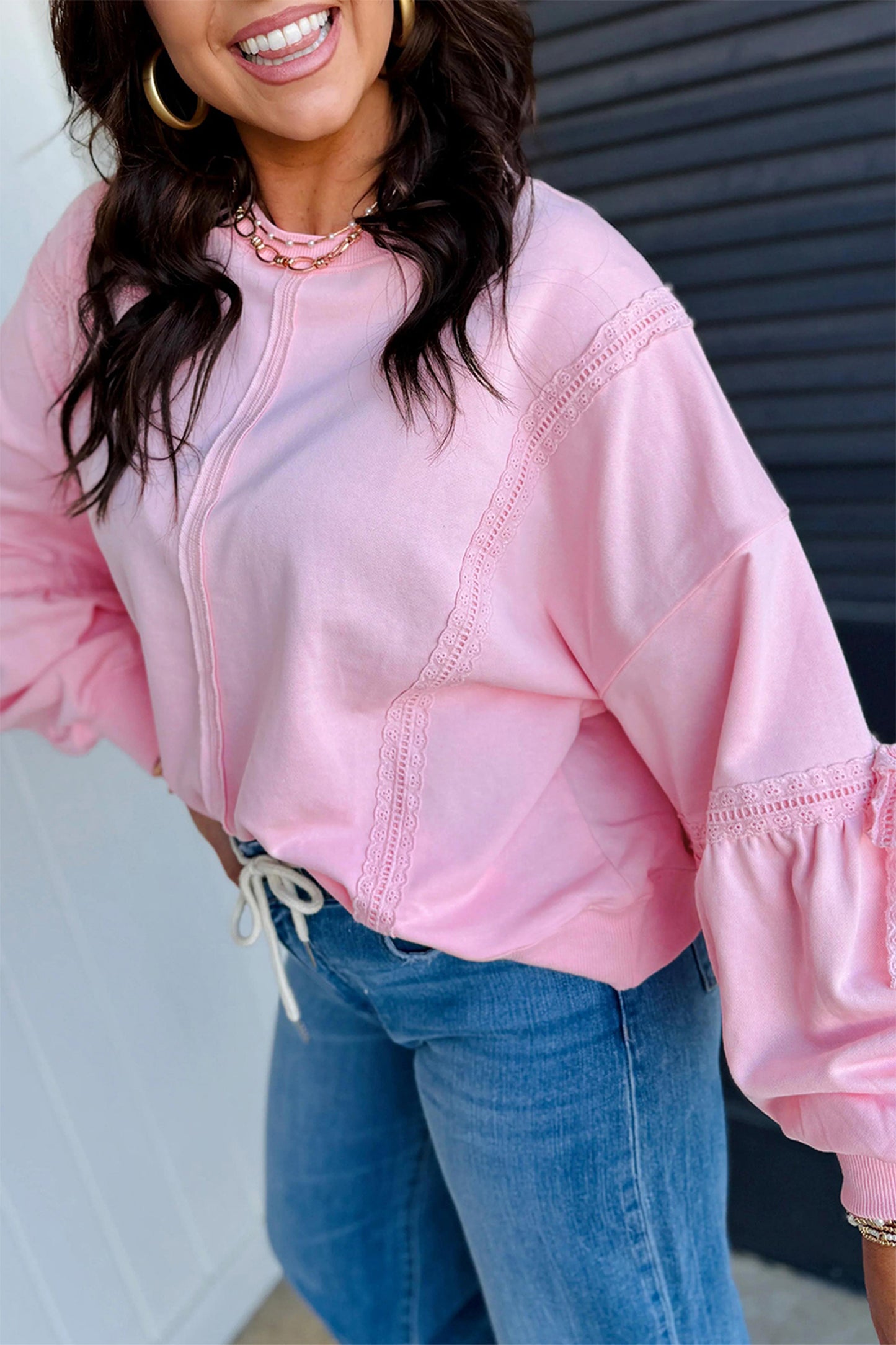 Pink Solid Color Raw Seam Lace Detail Loose Casual Sweatshirt