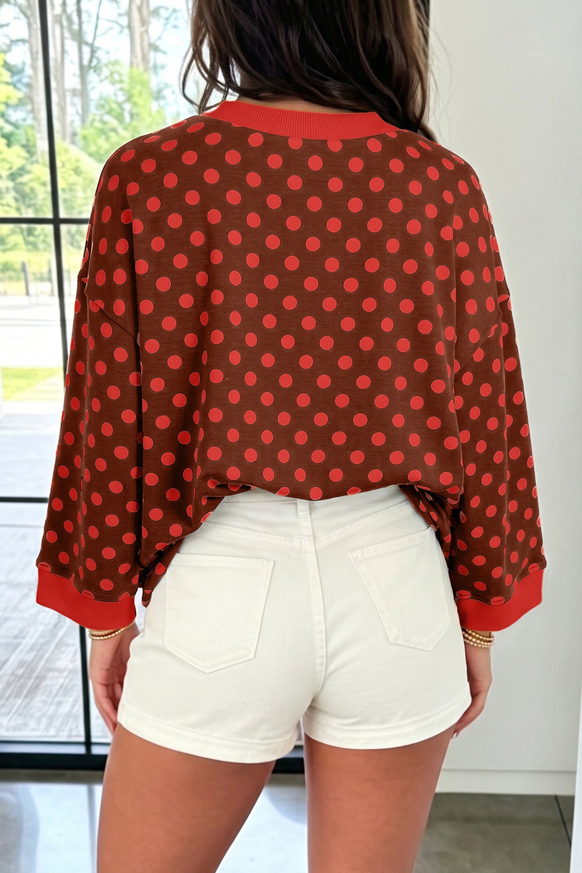 Brown Polka Dot Print Contrast Trim Round Neck Bracelet Sleeve Top