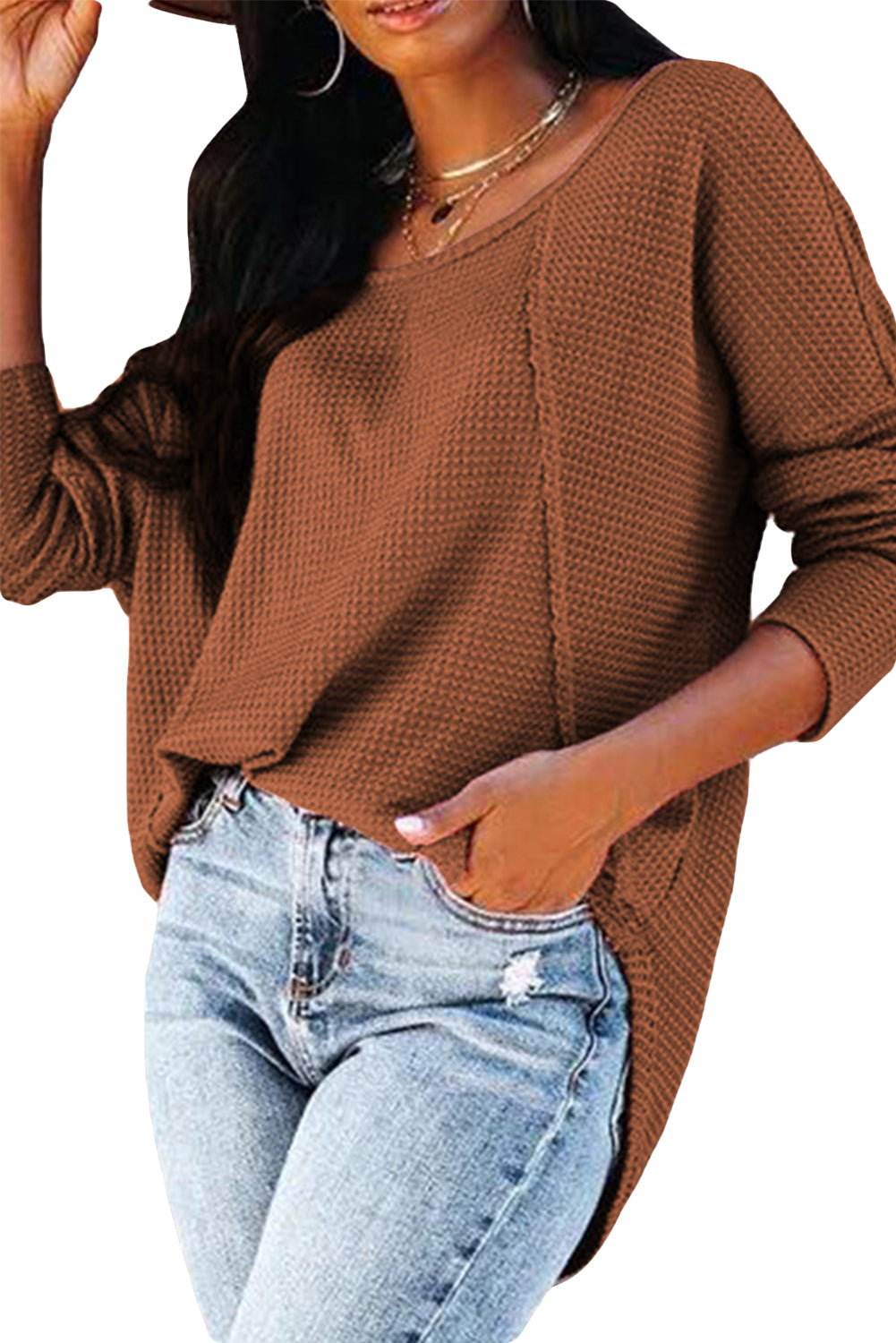 Waffle Knit Splicing Buttons Long Sleeve Top
