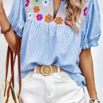 Sky Blue Floral Embroidered Puff Sleeve Notched V Neck Blouse