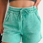 Sea Green Mineral Washed Drawstring Elastic Waist Raw Cut Shorts