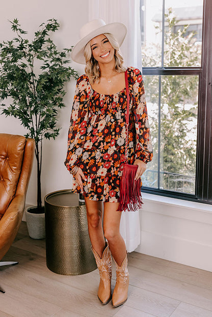 Vestido floral de manga larga con cintura alta y fruncido multicolor 