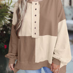 Sweat-shirt oversize à col montant et imprimé Henley colorblock parchemin