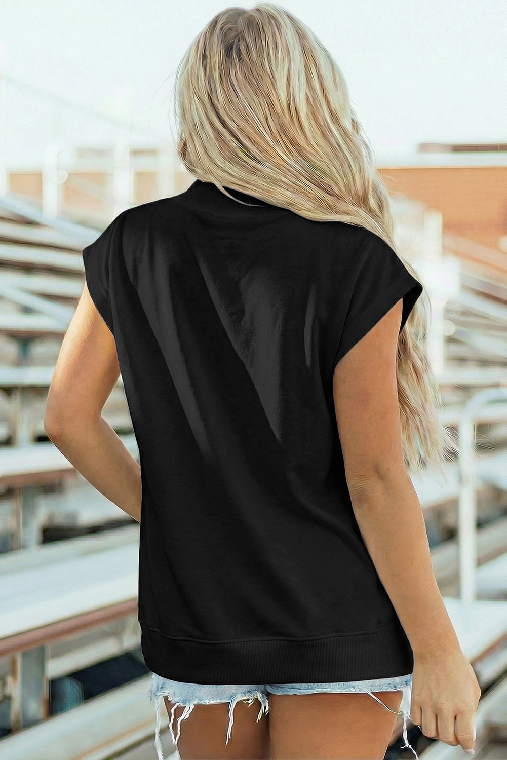 Black Solid Color High Neck Cap Sleeve Loose Top