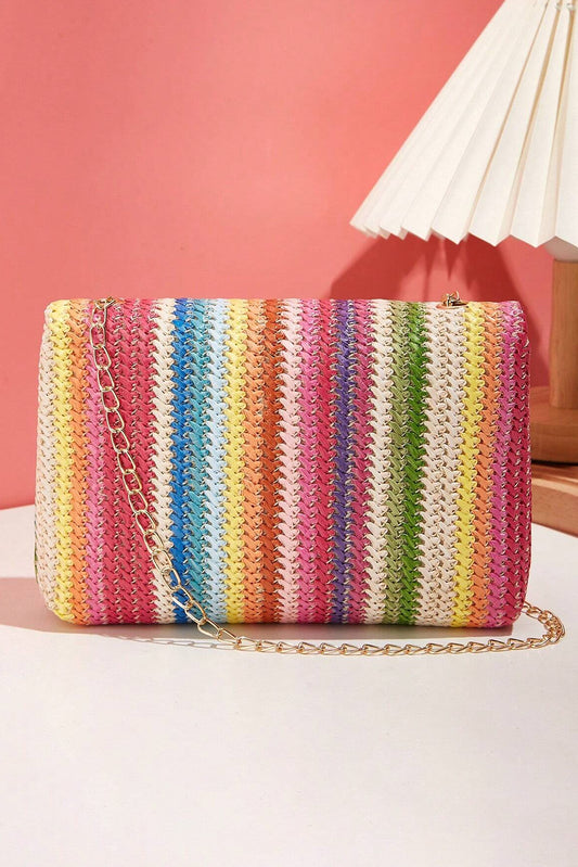 Multicolour Straw Plaited Gold Chain Clasp Closure Single Shoulder Bag
