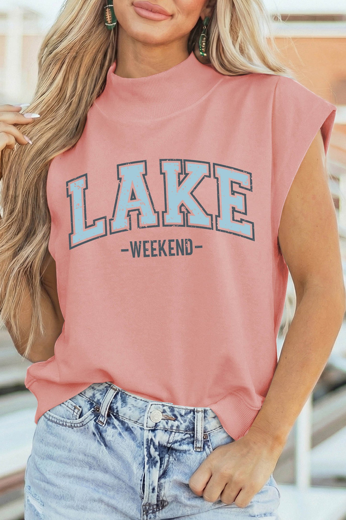Pink Lake Weekend Graphic High Neck Short Sleeve Top