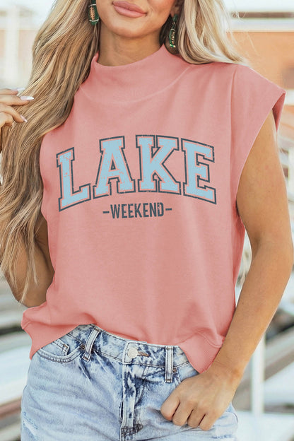 Pink Lake Weekend Graphic High Neck Short Sleeve Top