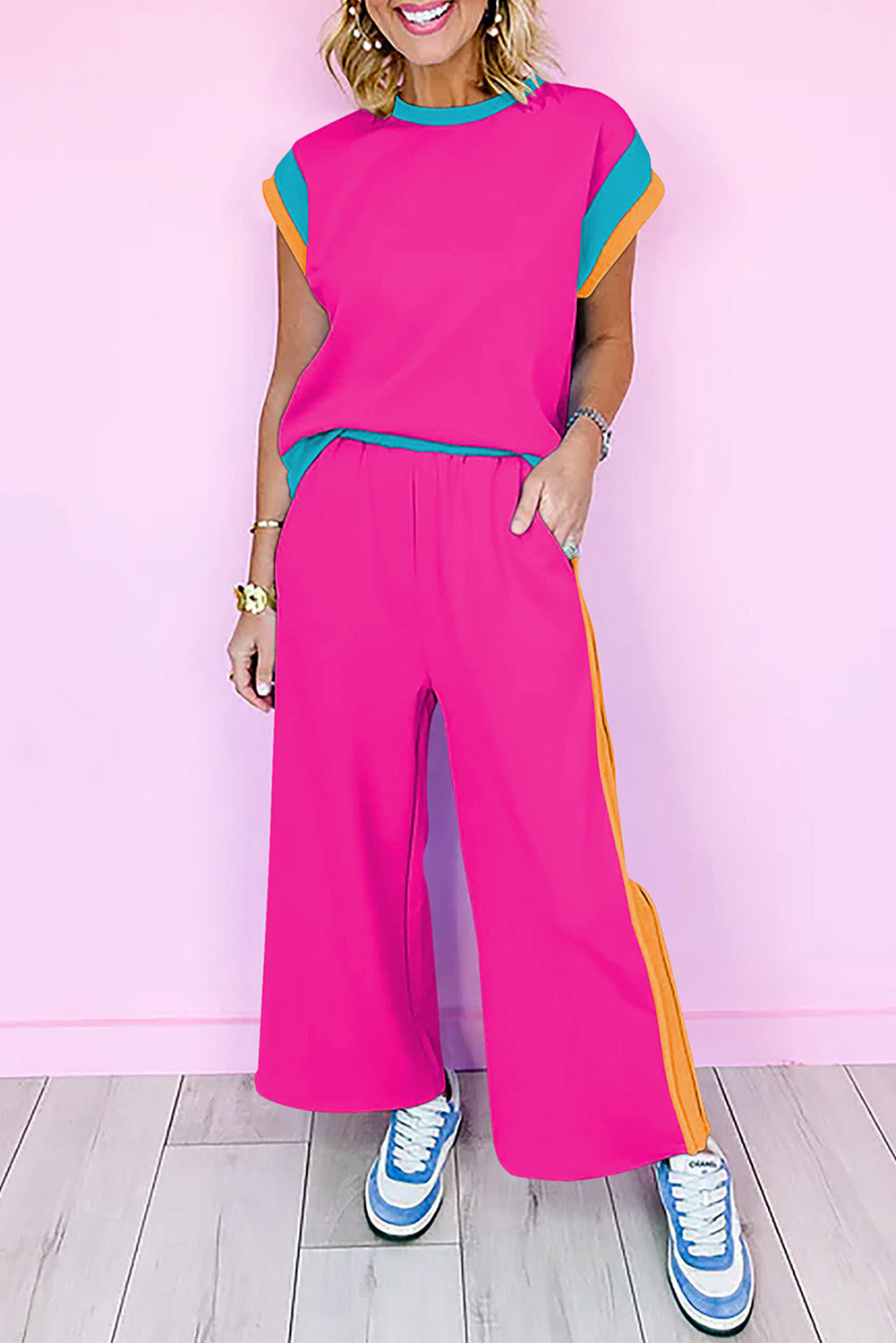 Navy Blue Color Block Detail Casual Two-piece Set