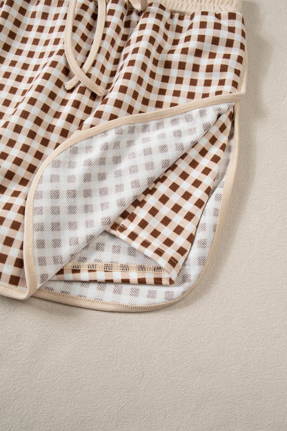 Brown Gingham Oversized Ribbed Trim Crew Neck Long Sleeve Top and Skort Set