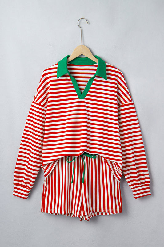 Red Stripe Colorblock Trim Polo Collar Drawstring Elastic Waist Band Casual 2pcs Outfit