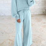 Mist Blue Drop Shoulder Puff Sleeve Crop Pullover Drawstring Wide Leg Pants Set