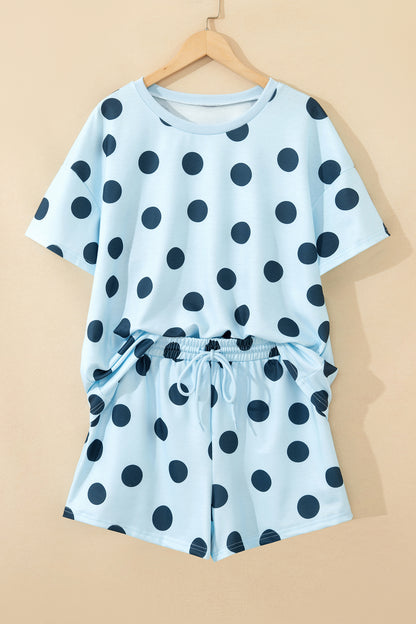 Black Polka Dot Print Loose Tee Drawstring Elastic Waist Short Set