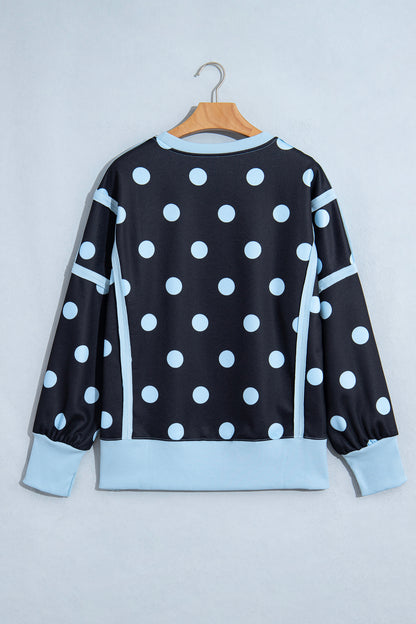 Black Polka Dot Contrast Patchwork Round Neck Baggy Sweatshirt