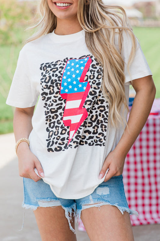 White Leopard American Flag Lightning Graphic T Shirt