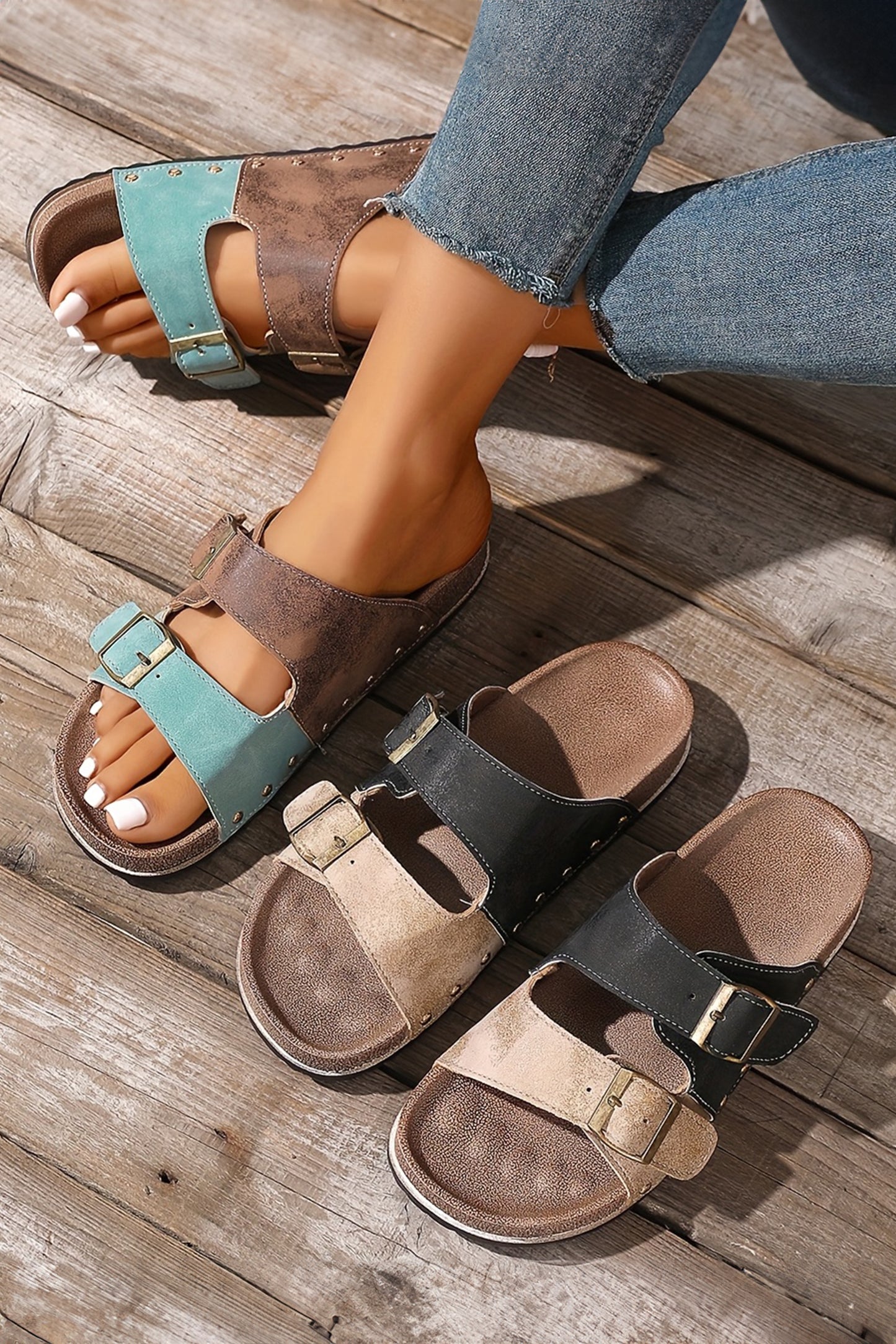 Light Blue Two-tone Retro Buckle Straps Hollowed Faux Suede Slippers