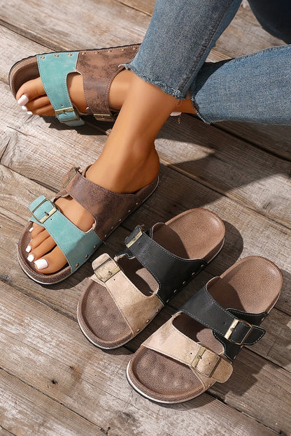 Light Blue Two-tone Retro Buckle Straps Hollowed Faux Suede Slippers
