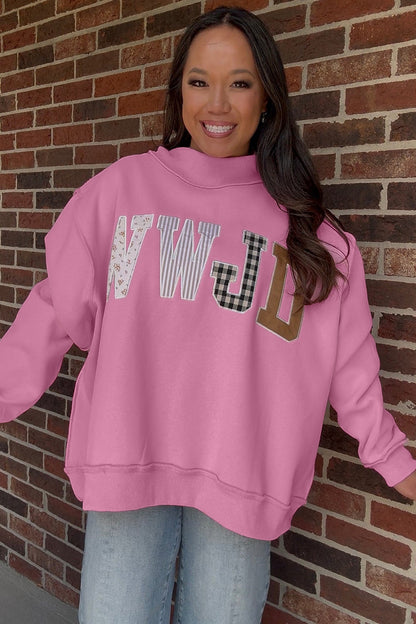 Bonbon WWJD Mixed Pattern Embroidered Patch Graphic Mock Neck Sweatshirt