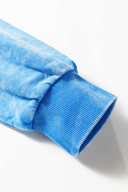 Blue Mineral Wash Raw Seam Double Patched Pocket Pullover Sweatshirt