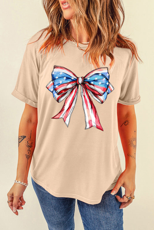 Khaki American Flag Bow Knot Print Round Neck T Shirt