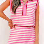 Sachet Pink Textured Stripe Print Contrast Trim Zip Collar Sleeveless 2pcs Skort Set