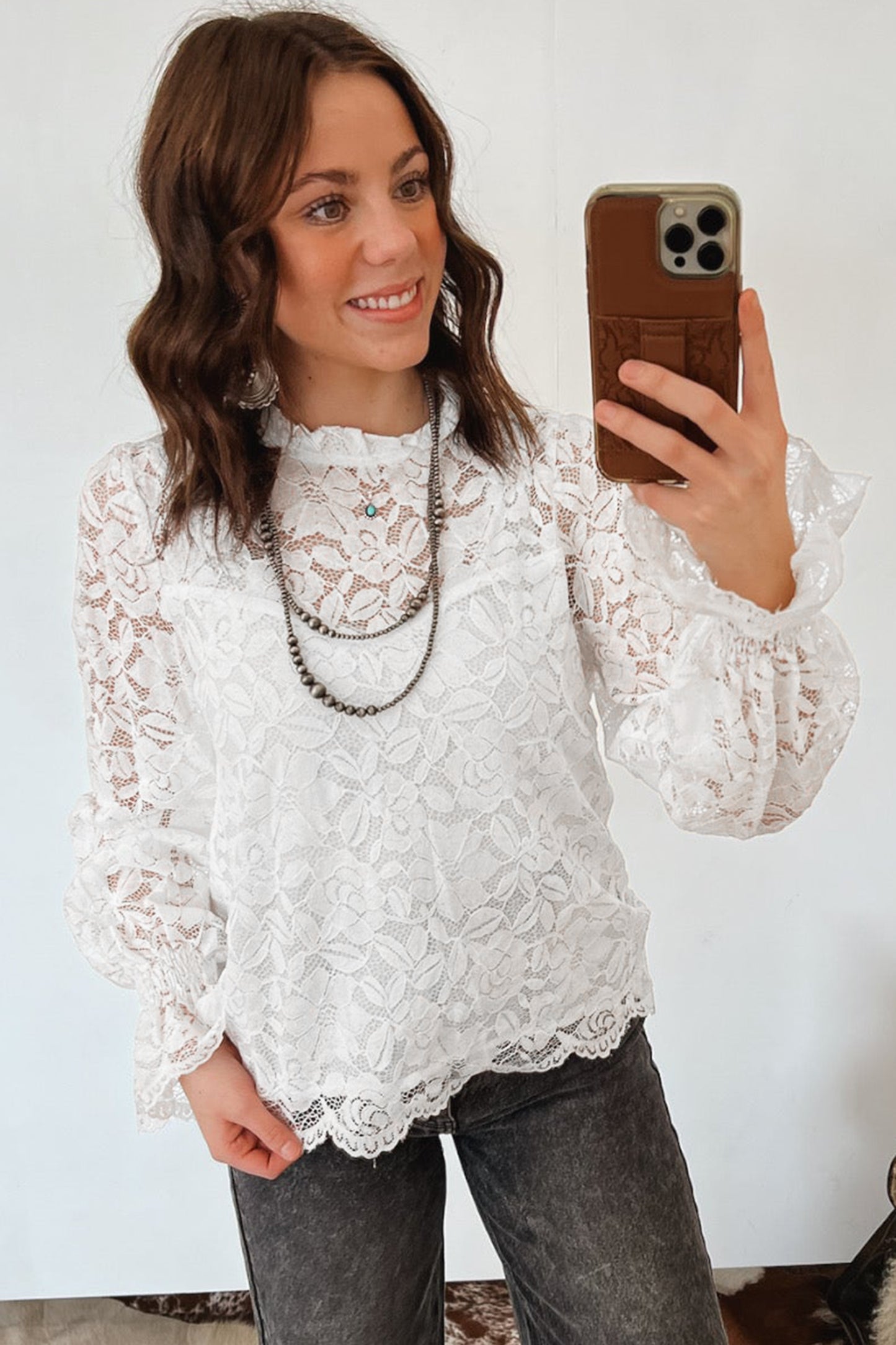White Ruffled Round Neck Long Flounce Sleeve Sheer Lace Blouse