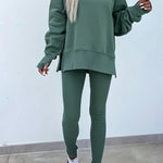 Green Bay Solid Color Oversize Slit Sweatshirt Ribbed Leggings 2pcs Set