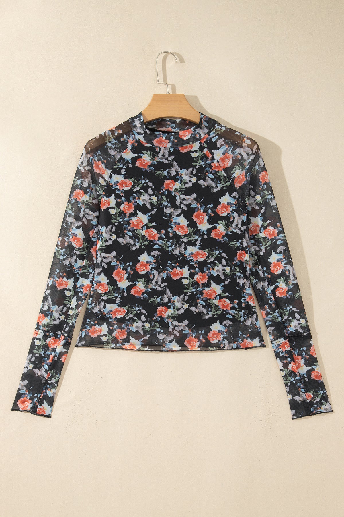 Black Floral Print Mesh Thumb Hole Long Sleeve Pullover Top