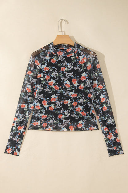 Black Floral Print Mesh Thumb Hole Long Sleeve Pullover Top