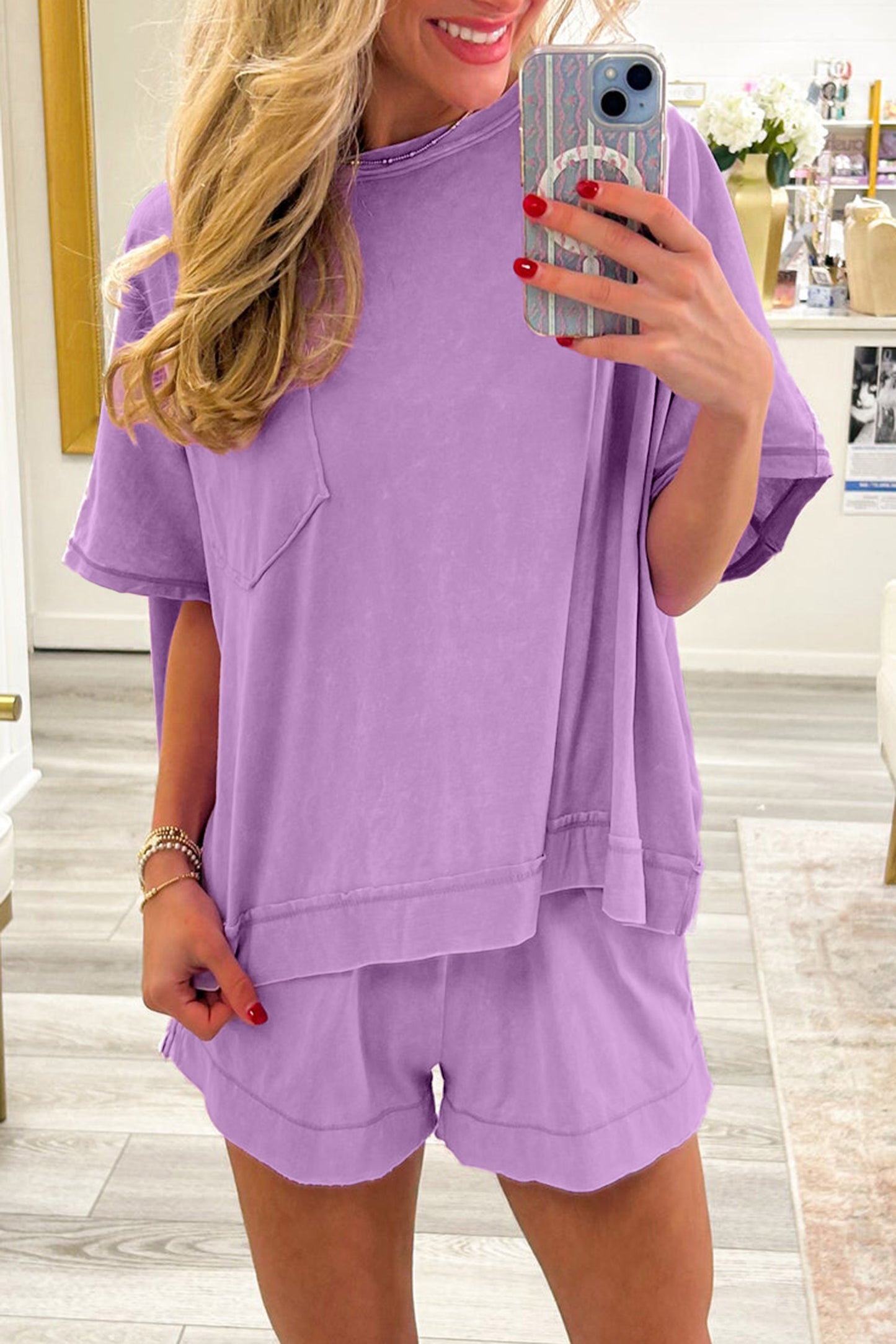 Strawberry Pink Raw Edge Patch Pocket Oversized Top and Shorts Set
