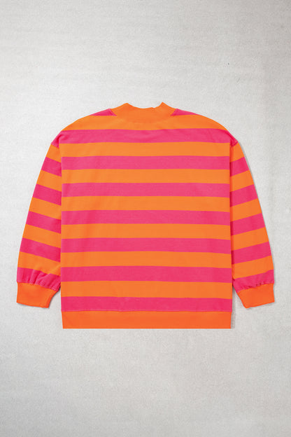 Orange Stripe Ribbed Trim Stand Neck Dropped Shoulder Plus Size Sweatshirt