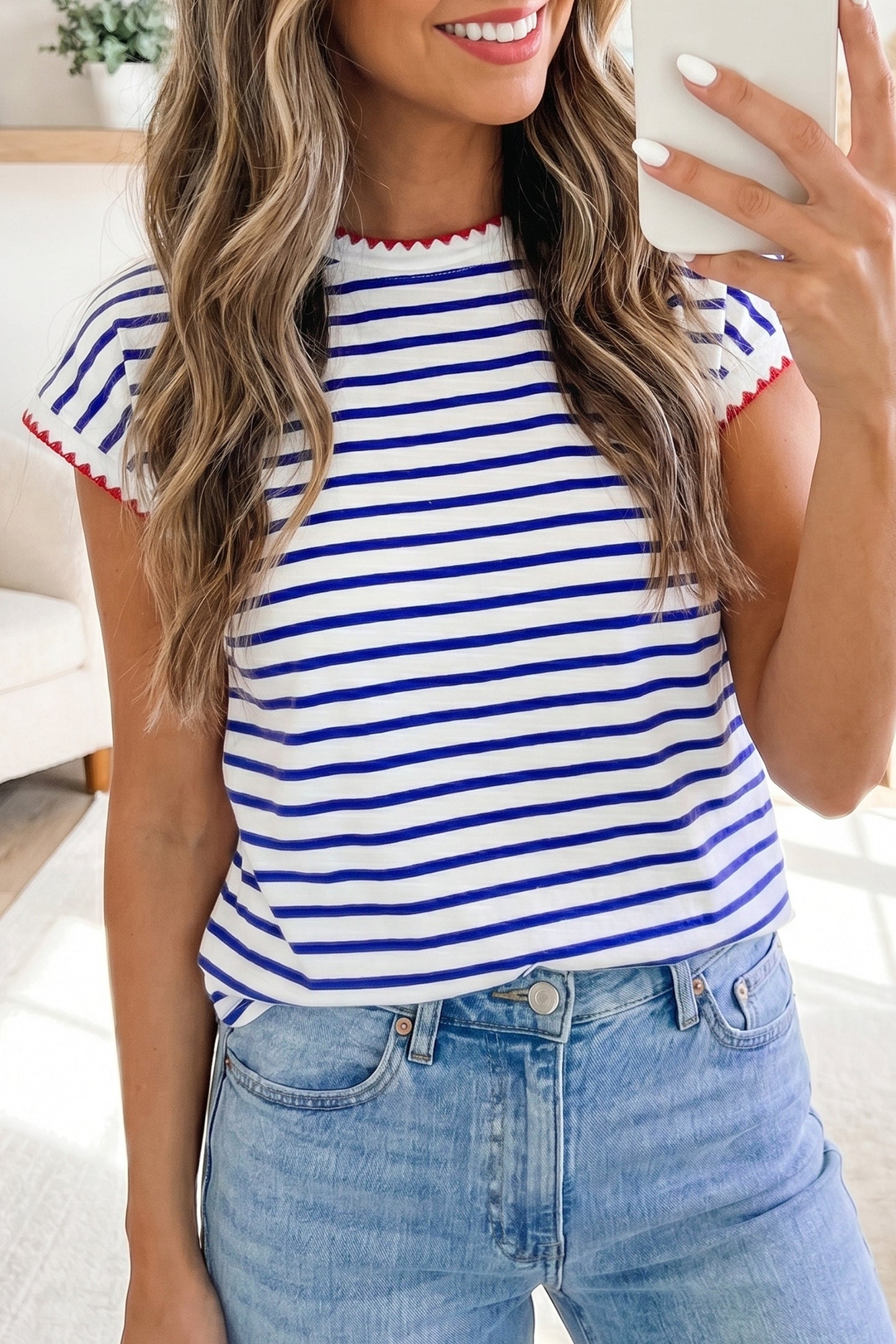 Blue Stripe Contrast Trim Round Neck Cap Sleeve Tee