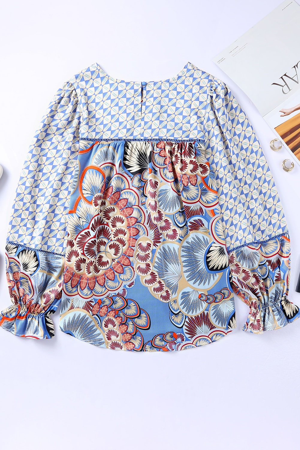 Black Mixed Floral Geometric Print Ruffled Long Sleeve Blouse